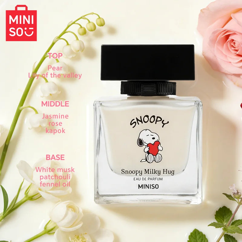 Miniso Snoopy Peanuts Women's Eau De Toilette Comforting Fruity Floral Scent with Strawberry Rose & Vanilla Sweetness Pink Square Bottle Gift for Women