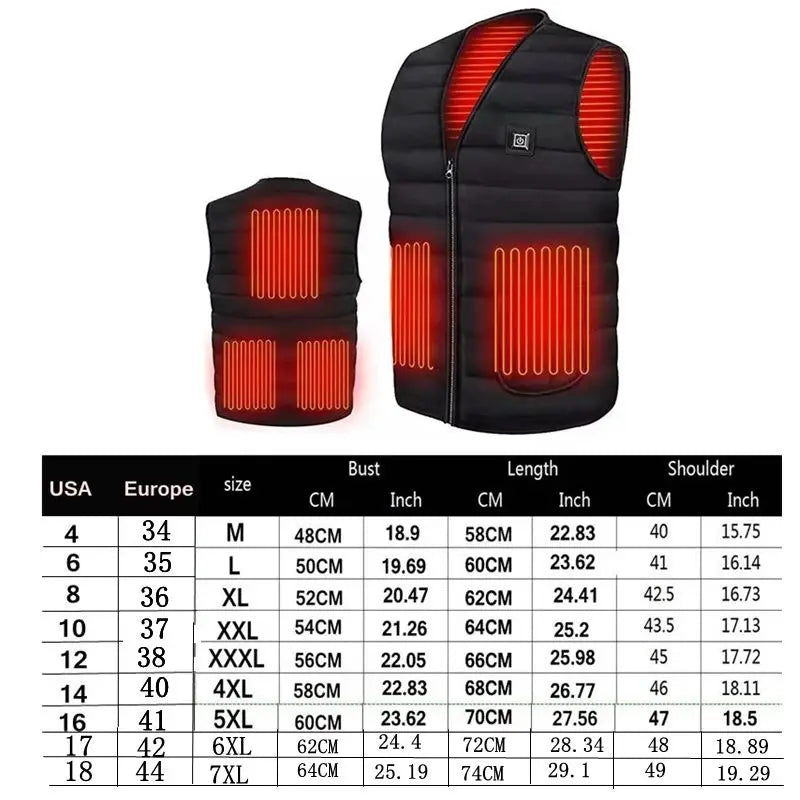 Chaleco Térmico Inteligente Unisex Calefactado 9 Zonas Cuello V – Exterior Flexible Invierno M-7XL