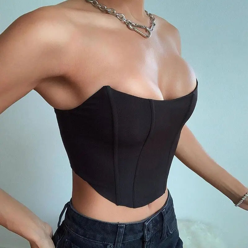 Top Corsé Sin Hombros & Sin Espalda Mujer – Bustier Sexy Color Sólido