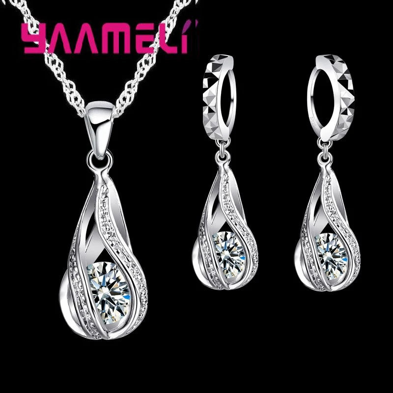 925 Sterling Silver Necklace & Earrings Set with Zirconia – Wedding & Party Jewelry, Gift