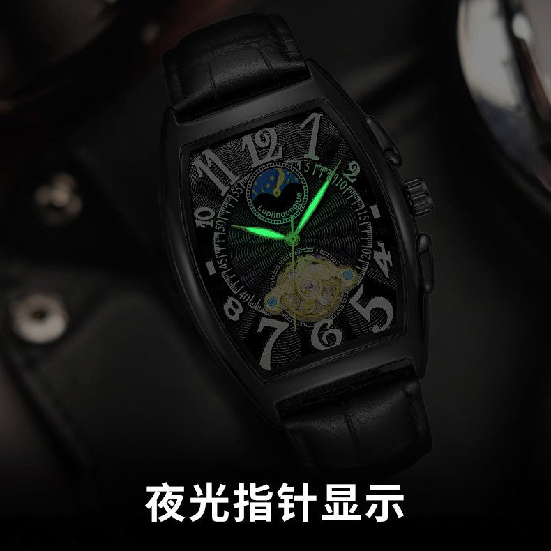 Reloj Mecánico Barril Hombre – Esqueleto Calado Fase Lunar Calendario Correa de Cuero
