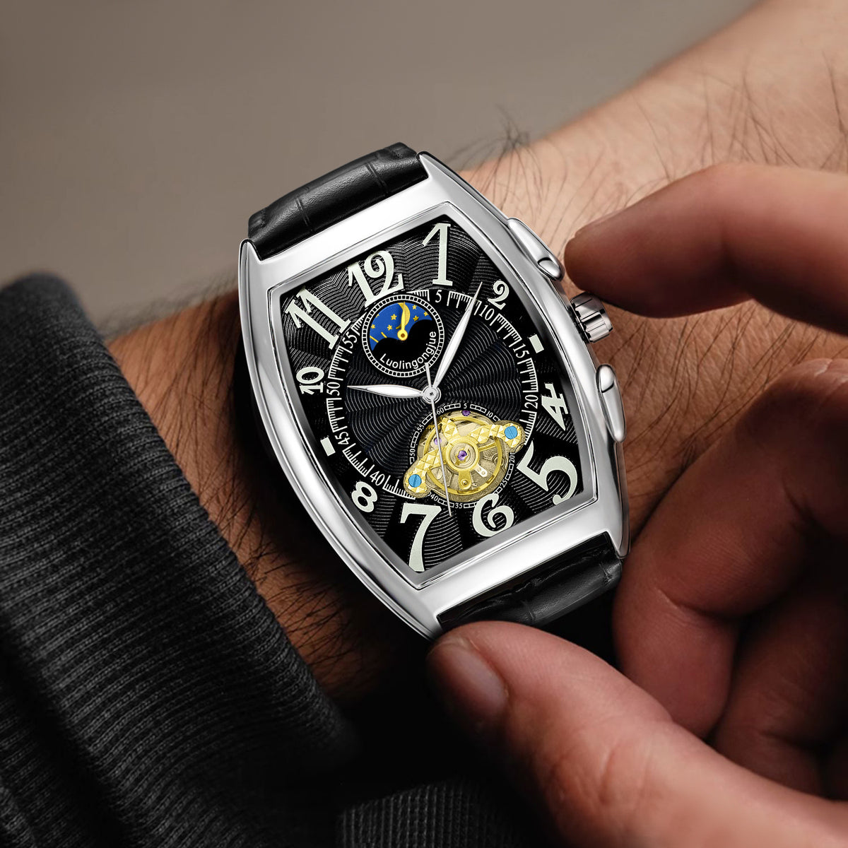Reloj Mecánico Barril Hombre – Esqueleto Calado Fase Lunar Calendario Correa de Cuero