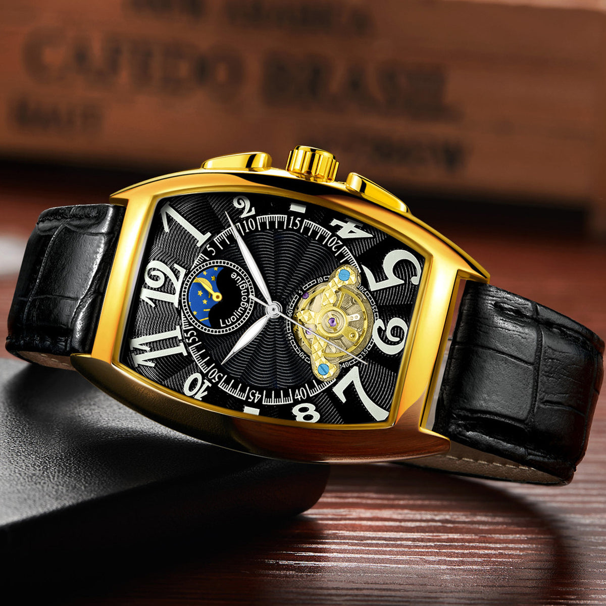 Reloj Mecánico Barril Hombre – Esqueleto Calado Fase Lunar Calendario Correa de Cuero