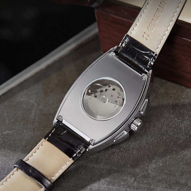 Reloj Mecánico Barril Hombre – Esqueleto Calado Fase Lunar Calendario Correa de Cuero