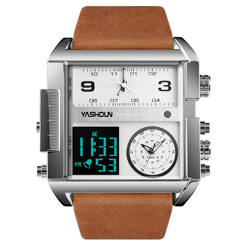 Reloj Deportivo Hombre Pantalla Dual – Movimiento Electrónico Rectangular Correa de Cuero Resistente