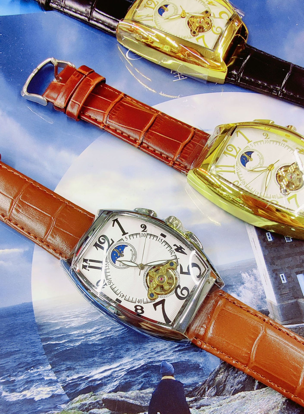 Reloj Mecánico Barril Hombre – Esqueleto Calado Fase Lunar Calendario Correa de Cuero
