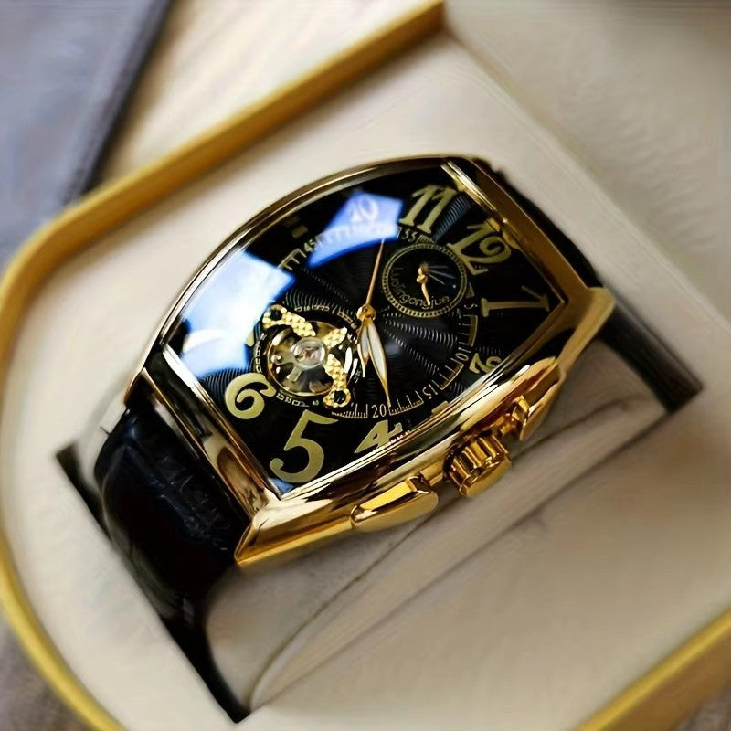 Reloj Mecánico Barril Hombre – Esqueleto Calado Fase Lunar Calendario Correa de Cuero