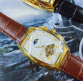 Reloj Mecánico Barril Hombre – Esqueleto Calado Fase Lunar Calendario Correa de Cuero