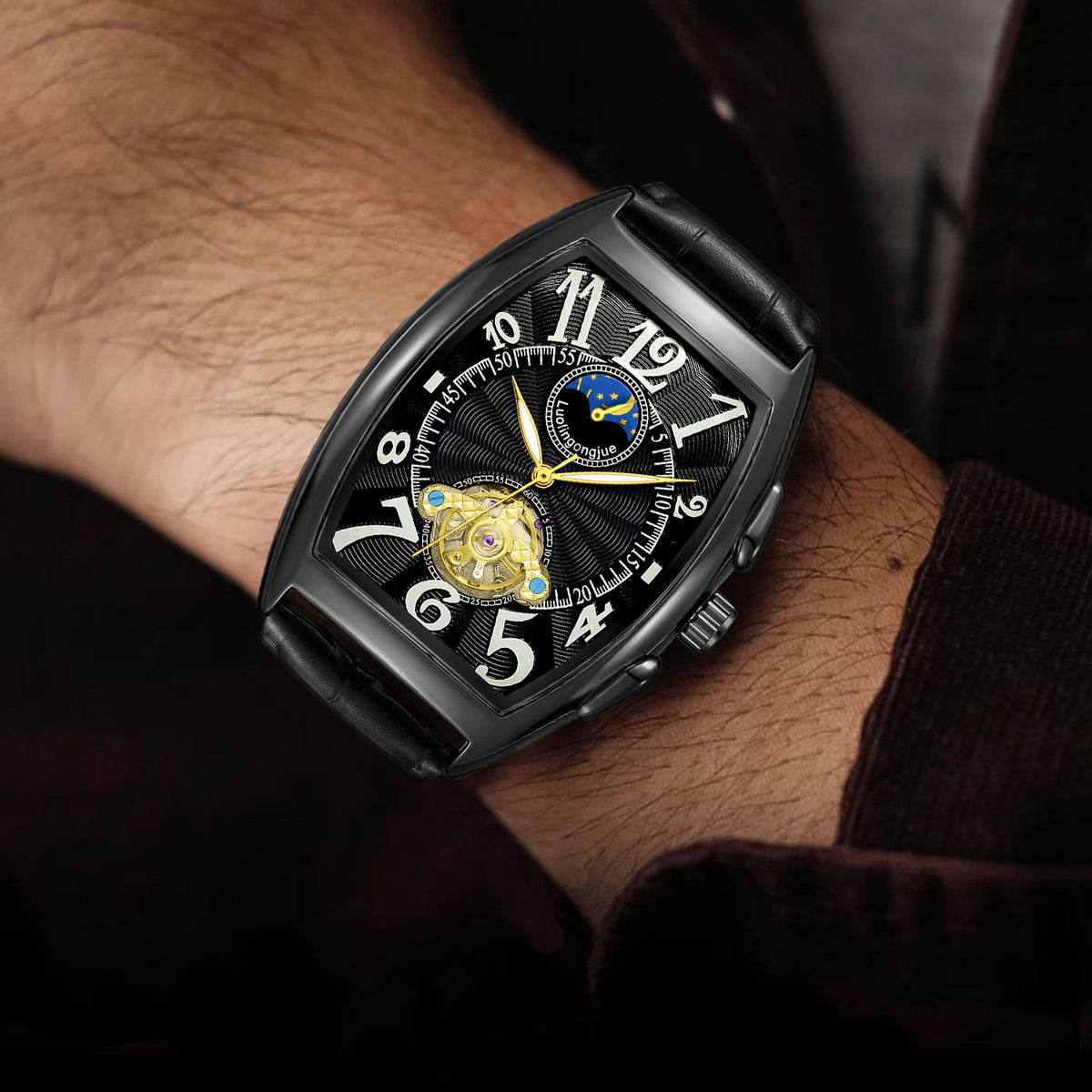 Reloj Mecánico Barril Hombre – Esqueleto Calado Fase Lunar Calendario Correa de Cuero