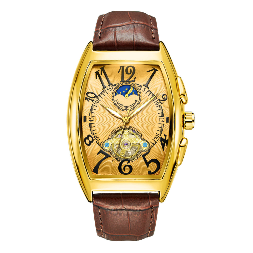 Reloj Mecánico Barril Hombre – Esqueleto Calado Fase Lunar Calendario Correa de Cuero