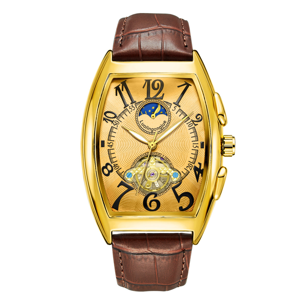 Reloj Mecánico Barril Hombre – Esqueleto Calado Fase Lunar Calendario Correa de Cuero
