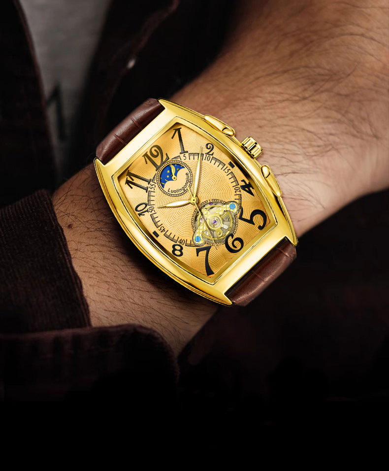 Reloj Mecánico Barril Hombre – Esqueleto Calado Fase Lunar Calendario Correa de Cuero