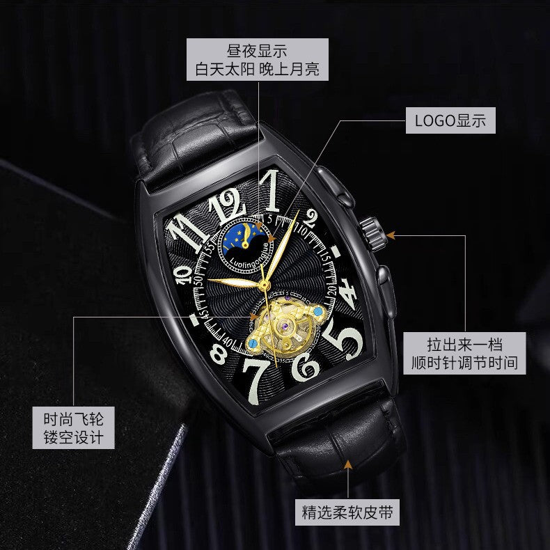 Reloj Mecánico Barril Hombre – Esqueleto Calado Fase Lunar Calendario Correa de Cuero