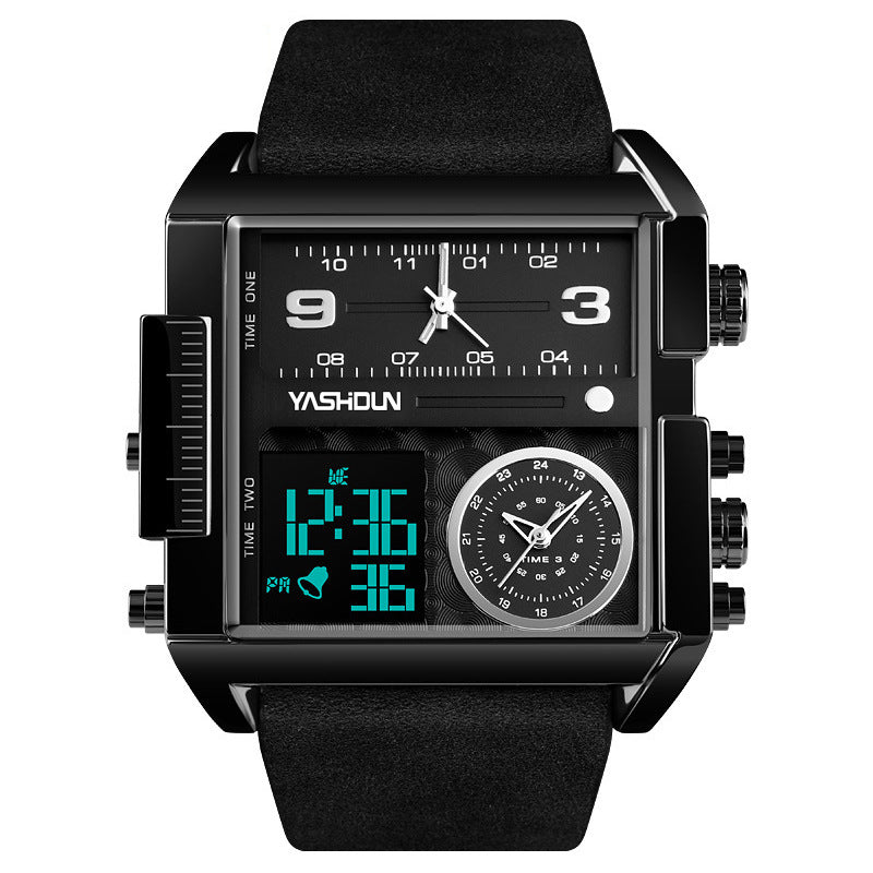 Reloj Deportivo Hombre Pantalla Dual – Movimiento Electrónico Rectangular Correa de Cuero Resistente