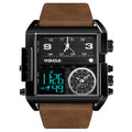 Reloj Deportivo Hombre Pantalla Dual – Movimiento Electrónico Rectangular Correa de Cuero Resistente