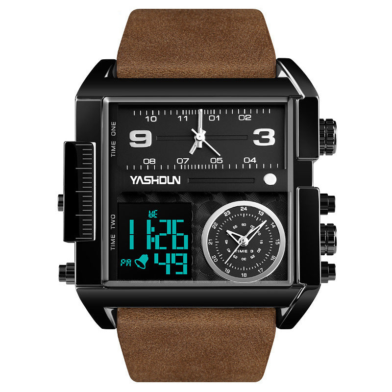 Reloj Deportivo Hombre Pantalla Dual – Movimiento Electrónico Rectangular Correa de Cuero Resistente