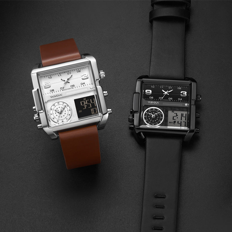 Reloj Deportivo Hombre Pantalla Dual – Movimiento Electrónico Rectangular Correa de Cuero Resistente