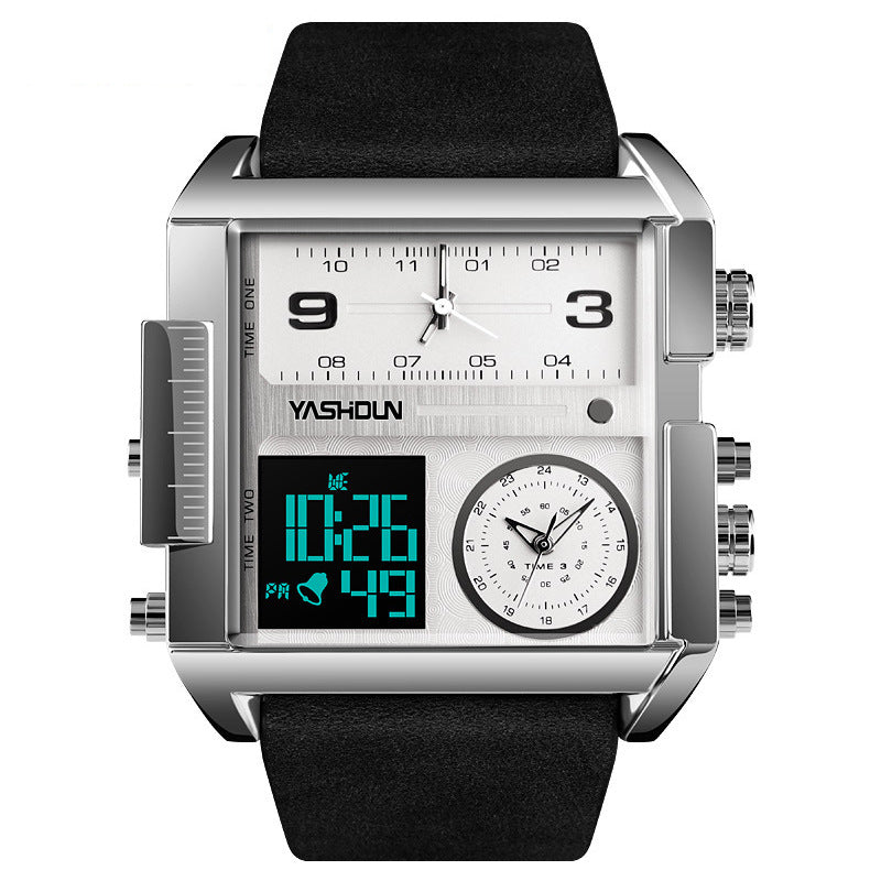 Reloj Deportivo Hombre Pantalla Dual – Movimiento Electrónico Rectangular Correa de Cuero Resistente