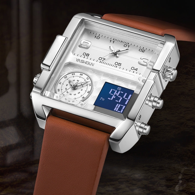 Reloj Deportivo Hombre Pantalla Dual – Movimiento Electrónico Rectangular Correa de Cuero Resistente