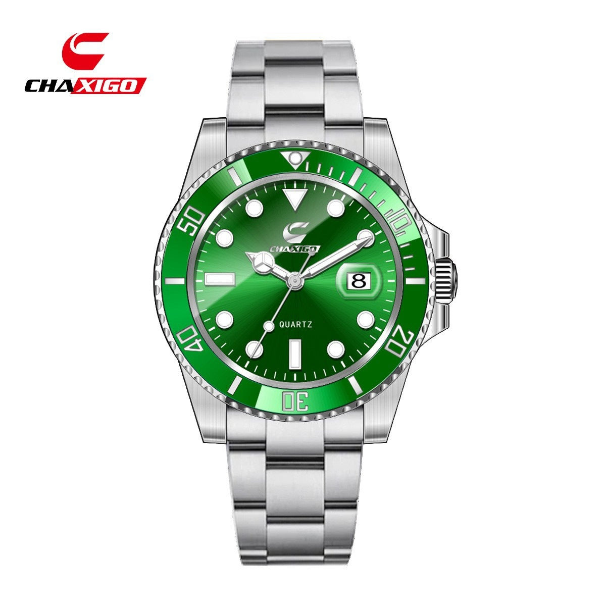 Reloj de Cuarzo Luminoso Hombre – Esfera Verde Resistente al Agua 30M Correa Silicona