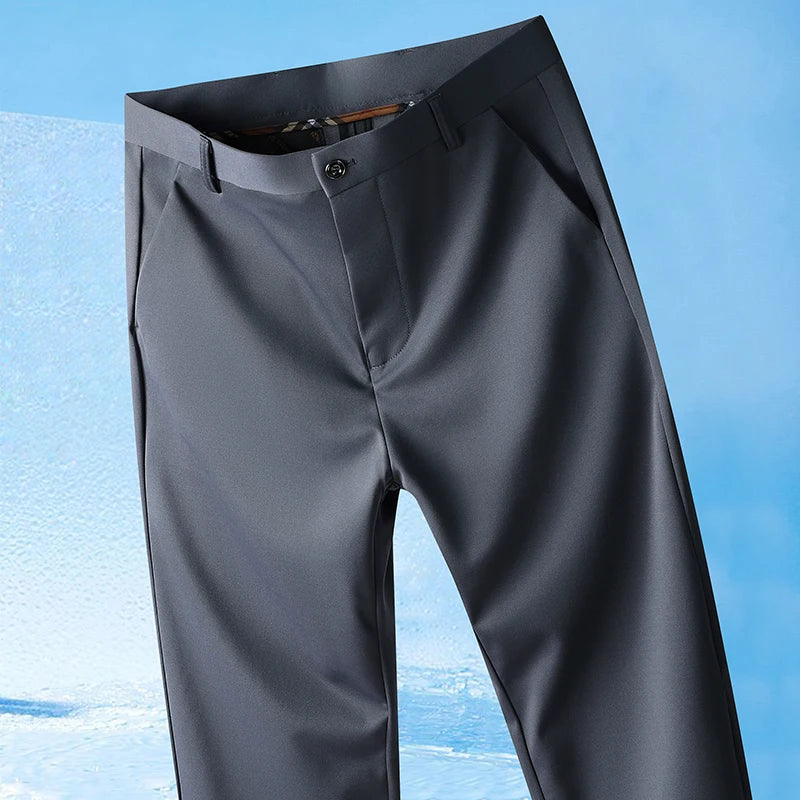 Men's Straight-Leg Non-Iron Silky Fabric Trousers – Lightweight Casual Spring/Summer, Size 29-42