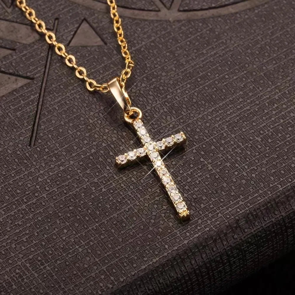 Fashion Jewelry Cross Pendant Necklace with Zircon Accessories, Simple Punk Style Unisex Couple Necklace.