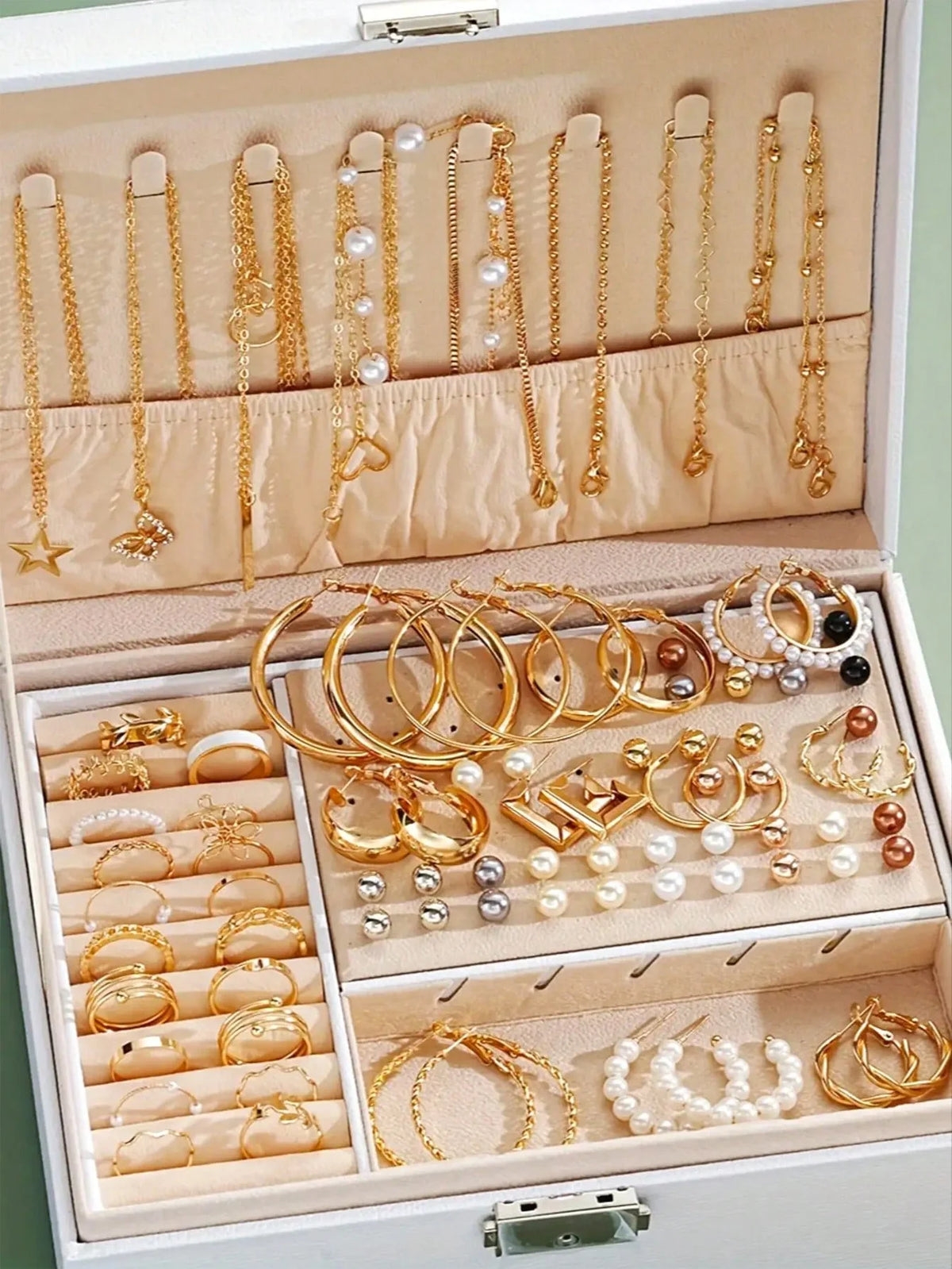 Set de Joyería 86 Piezas con Perlas – Collar, Pendientes & Anillos, Regalo Mujer