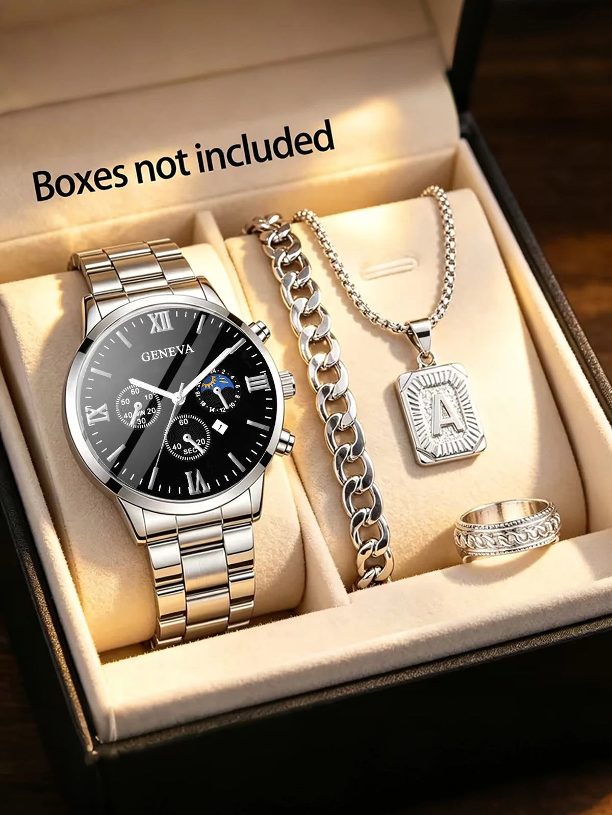 Set Reloj Cuarzo para Hombre – Pulsera, Collar & Anillo, Calendario, Regalo Elegante