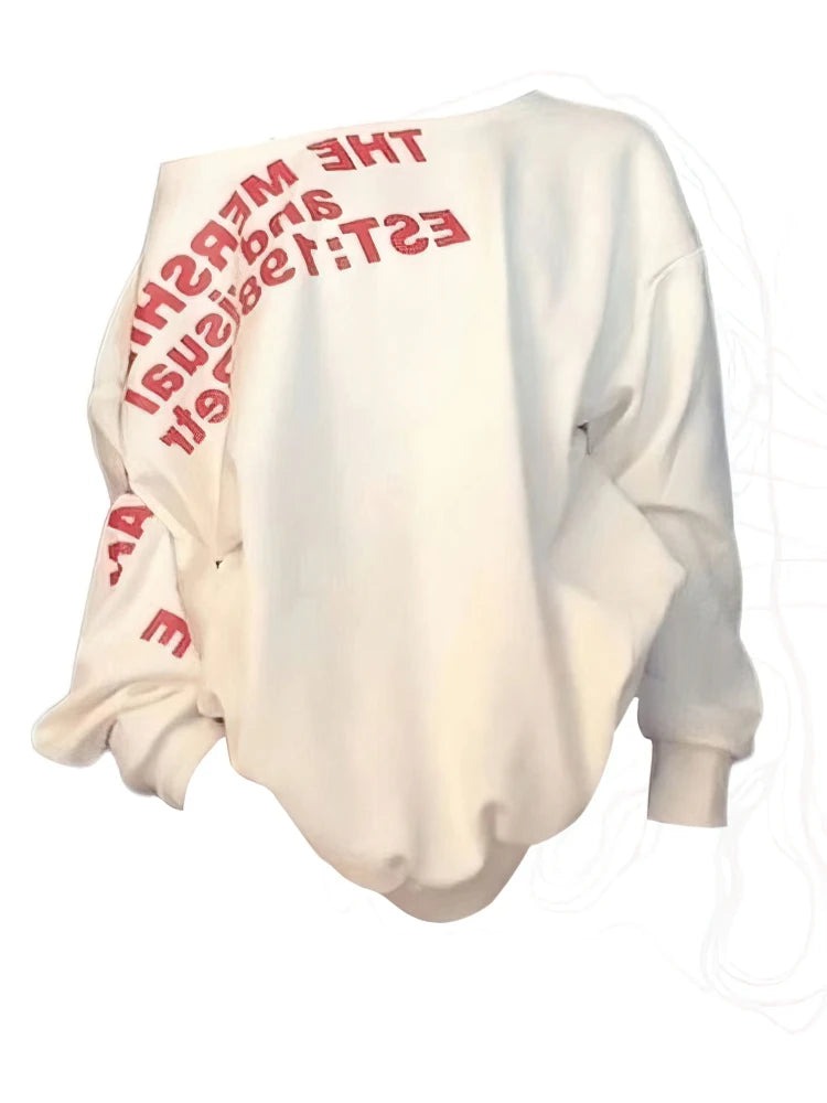 Sudadera estilo Y2K para mujer: oversize, estilo urbano, manga larga, un solo hombro, estampado TXT, moda coreana, ideal para otoño e invierno.
