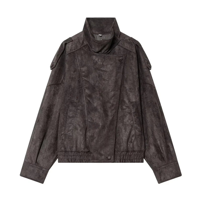 Chaqueta Mujer Polipiel Cuello Alto – Slim Fit Elegante Otoño Invierno, Colores Sólidos