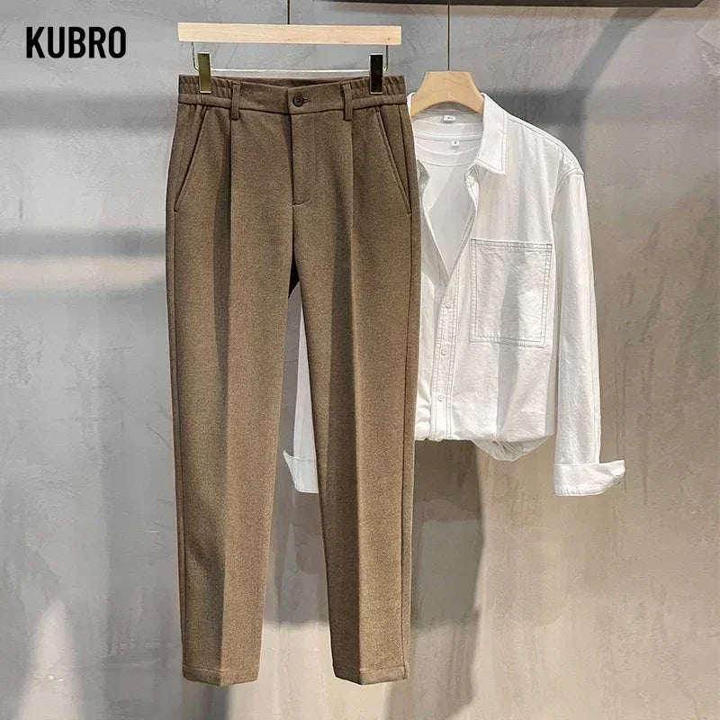 Men's Thick Wool Suit Trousers Elastic Waist – Korean Formal Straight Cut Grey Brown Autumn