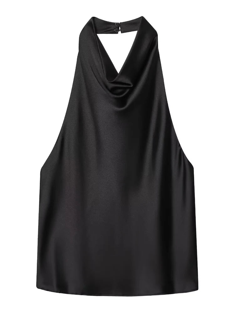 Top Corsé Halter Satén Mujer – Sin Espalda Elegante, Amarillo, Rosa & Negro