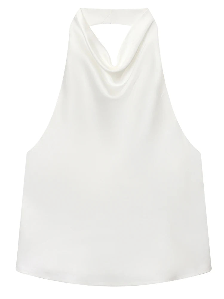 Top Corsé Halter Satén Mujer – Sin Espalda Elegante, Amarillo, Rosa & Negro