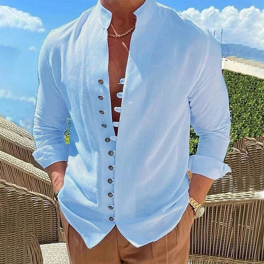 Camisa Hombre Casual Manga Larga Color Liso Holgada – Estilo Vintage Talla Grande Primavera