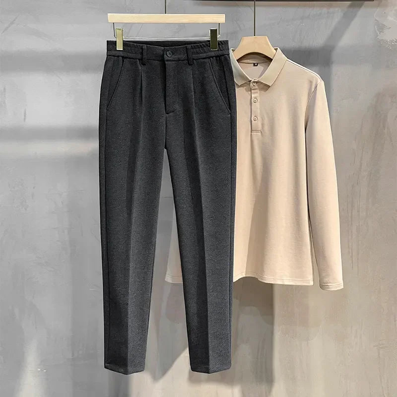 Men's Thick Wool Suit Trousers Elastic Waist – Korean Formal Straight Cut Grey Brown Autumn