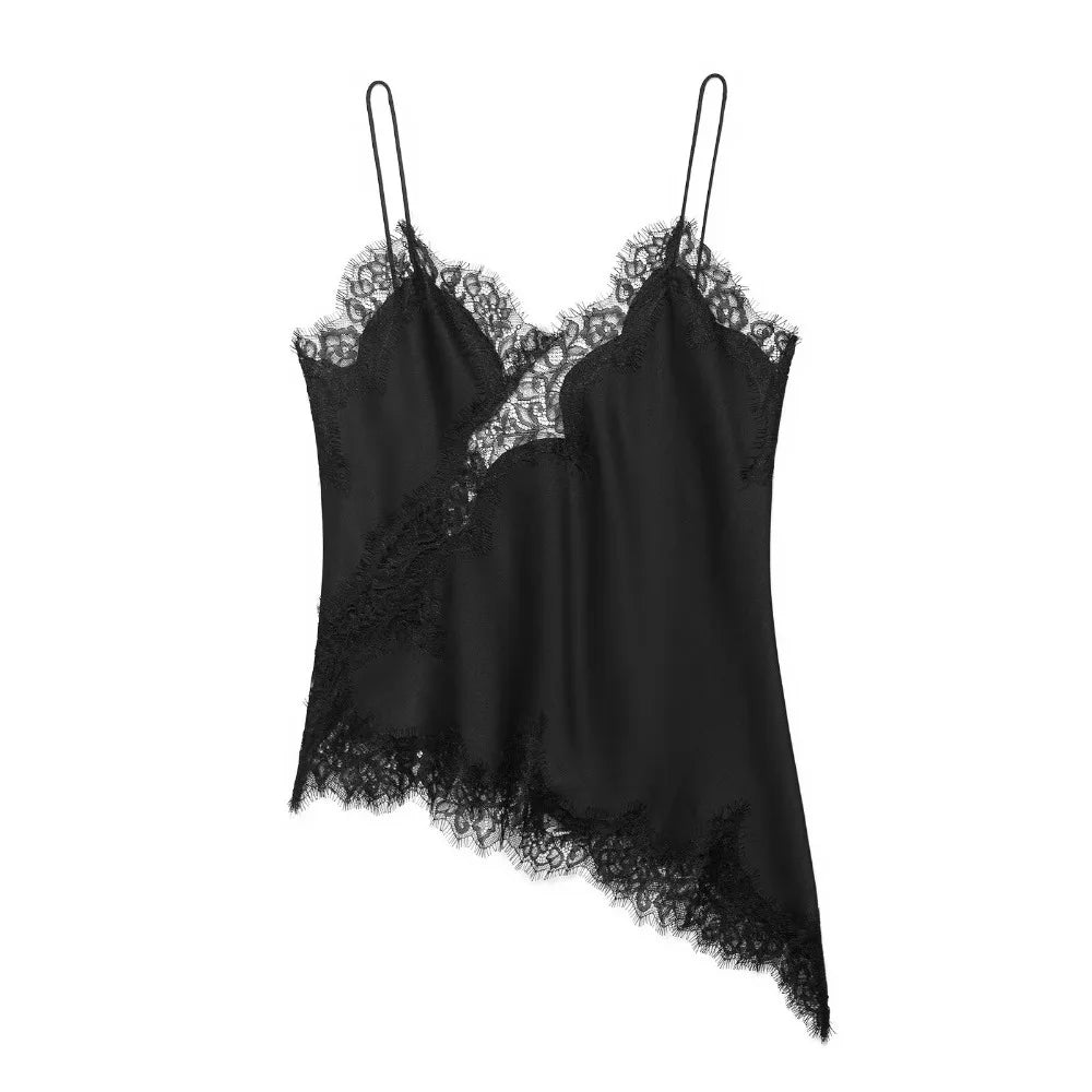 Top Camisola Asimétrica Encaje Mujer – Sin Espalda Elegante, Cuello V Sexy
