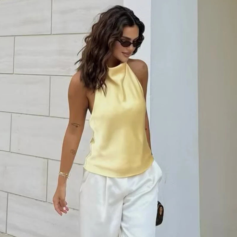 Top Corsé Halter Satén Mujer – Sin Espalda Elegante, Amarillo, Rosa & Negro