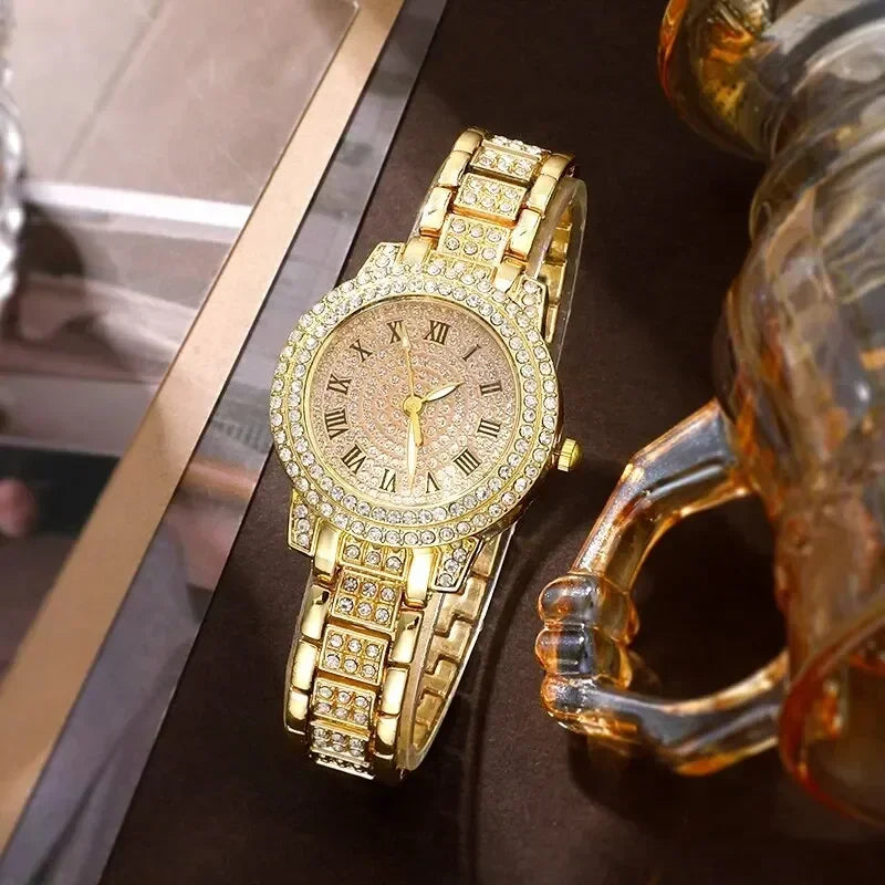 Set de Joyeria Dorada para Mujer – Reloj, Collar, Pendientes & Pulsera con Diamantes
