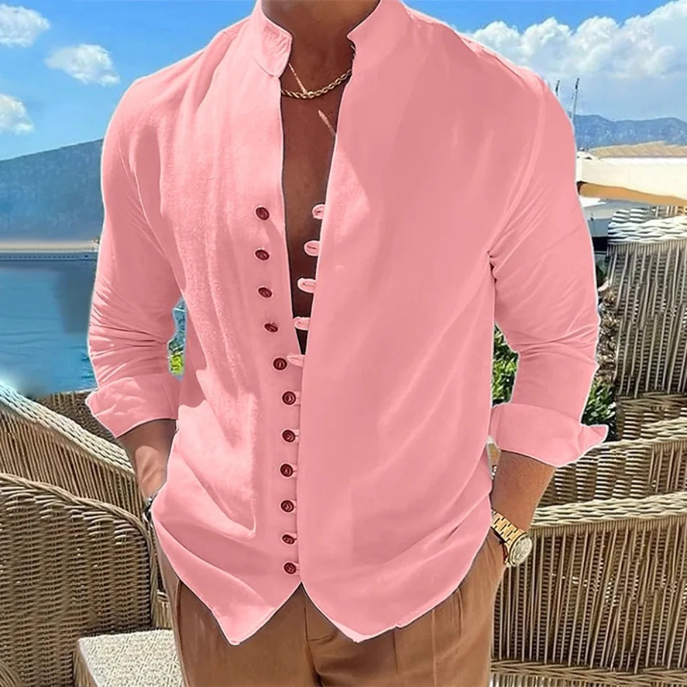 Camisa Hombre Casual Manga Larga Color Liso Holgada – Estilo Vintage Talla Grande Primavera