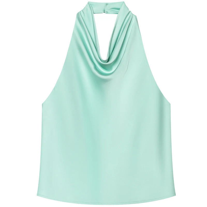 Top Corsé Halter Satén Mujer – Sin Espalda Elegante, Amarillo, Rosa & Negro