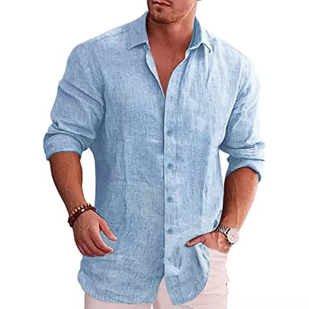 Men's Cotton Linen Long Sleeve Solid Color Shirt – Casual Plus Size