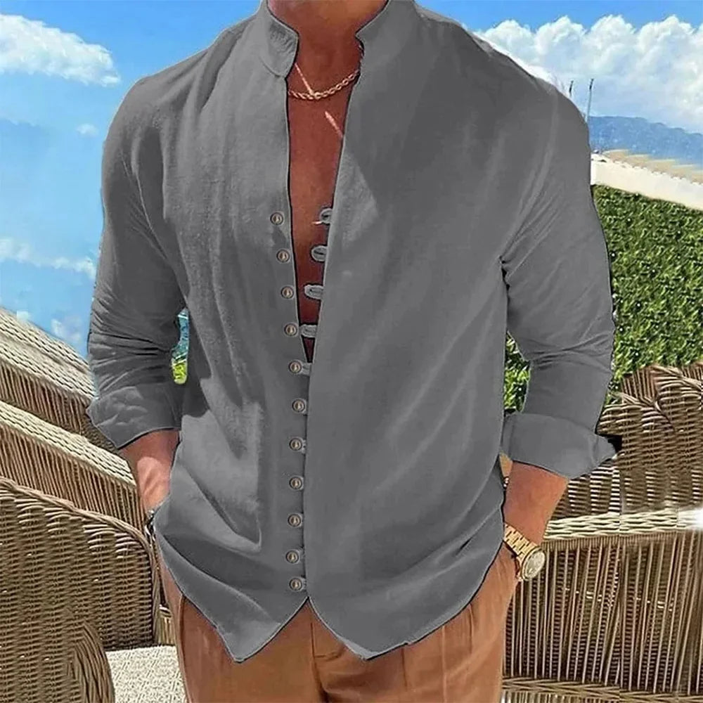 Camisa Hombre Casual Manga Larga Color Liso Holgada – Estilo Vintage Talla Grande Primavera