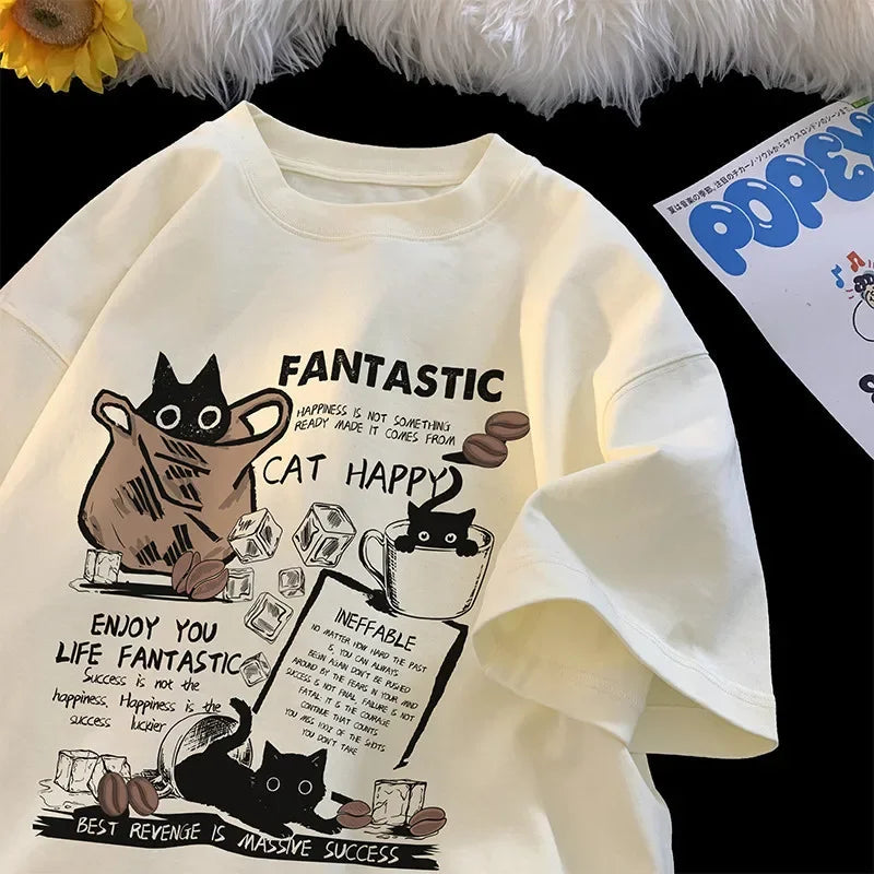 Camiseta Unisex Oversize Gato Cartoon – Estilo Coreano Parejas, Manga Corta