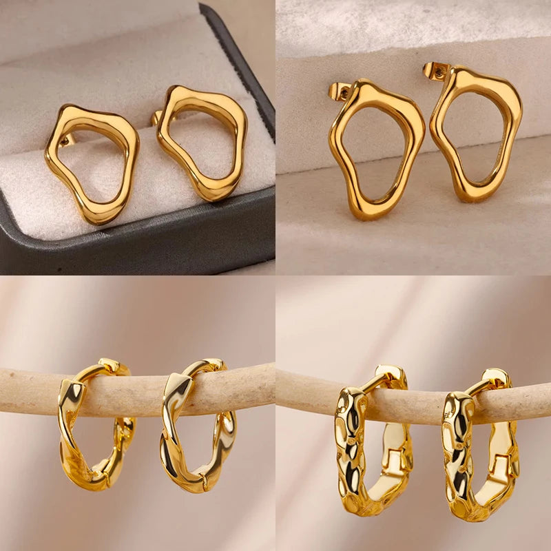 Pendientes Irregulares de Acero Inoxidable – Diseño Estético Dorado para Mujer