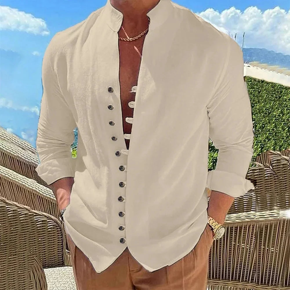 Camisa Hombre Casual Manga Larga Color Liso Holgada – Estilo Vintage Talla Grande Primavera