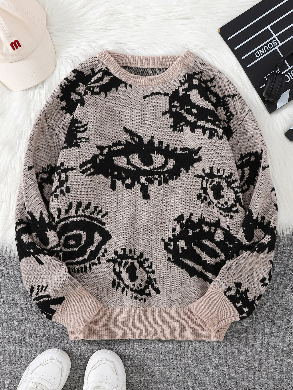 Jersey Jacquard con Motivo de Ojo Abstracto – Pullover Casual Otoño-Invierno