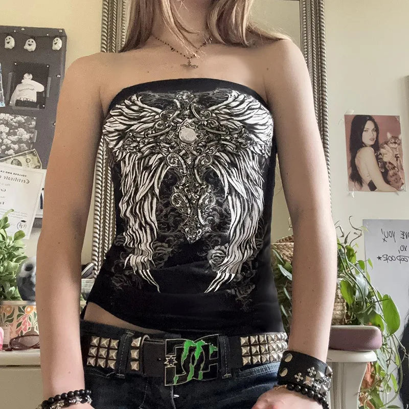 Top Tubo Gótico Estampado Negro Mujer – Cropped Y2K Streetwear Verano