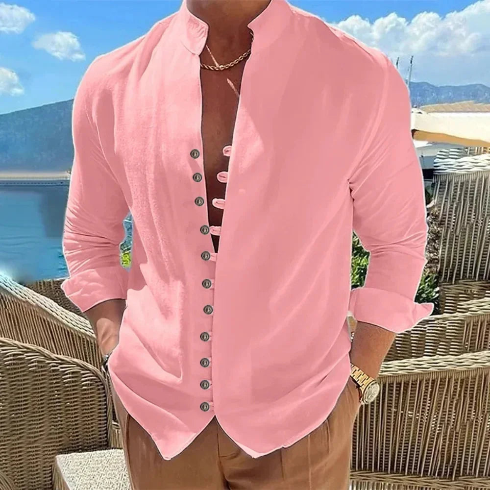 Camisa Hombre Casual Manga Larga Color Liso Holgada – Estilo Vintage Talla Grande Primavera