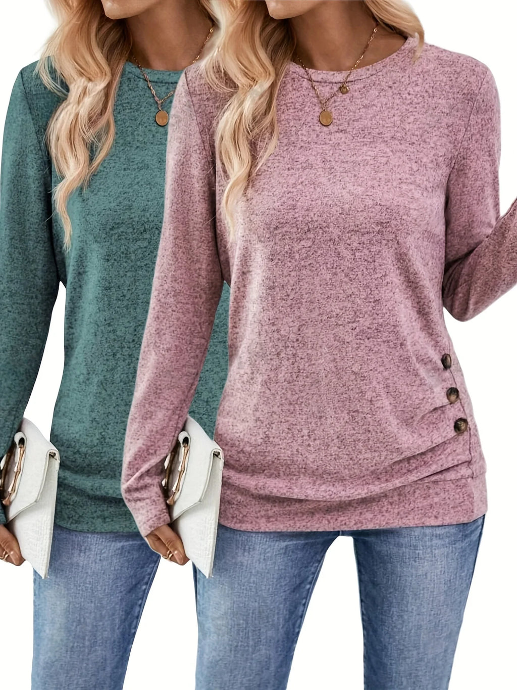 Buttoned gathered t-shirt, casual long-sleeved garment for spring and autumn, women's clothing