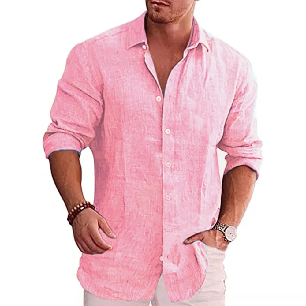 Men's Cotton Linen Long Sleeve Solid Color Shirt – Casual Plus Size